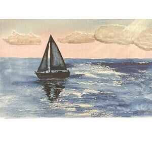 Handmade watercolor original painting sailboat ocean 9x6